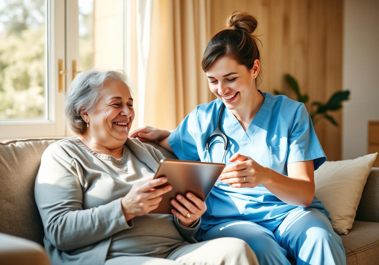 A JABEL personal support worker in scrubs sharing a tablet with a smiling senior in a sunlit living room