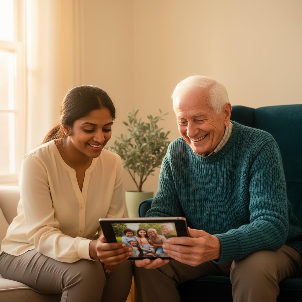 A JABEL caregiver sharing a tablet with a smiling senior in a sunlit living room