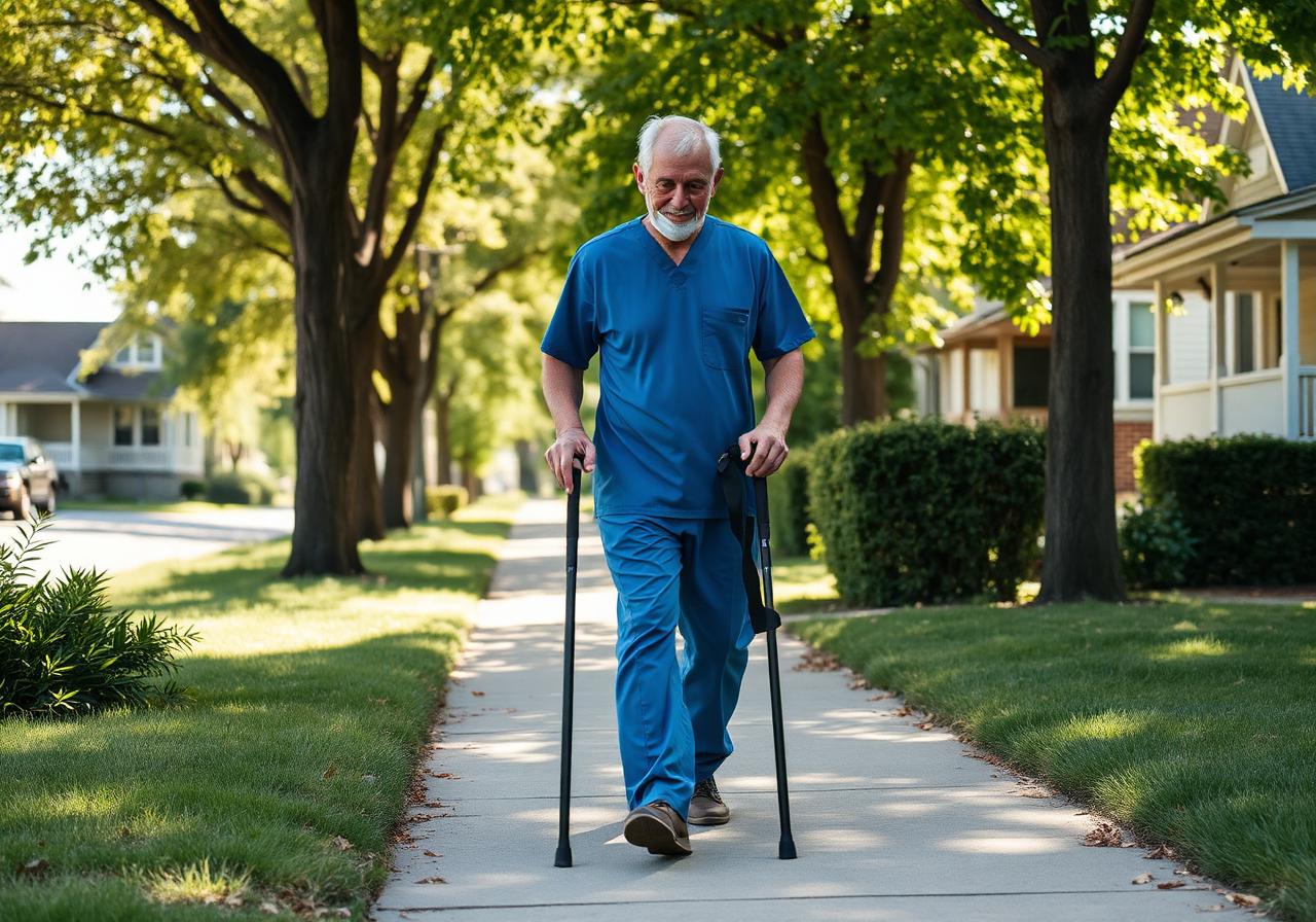 A healthcare worker walking alongside an elderly client on a quiet residential street in Barrie