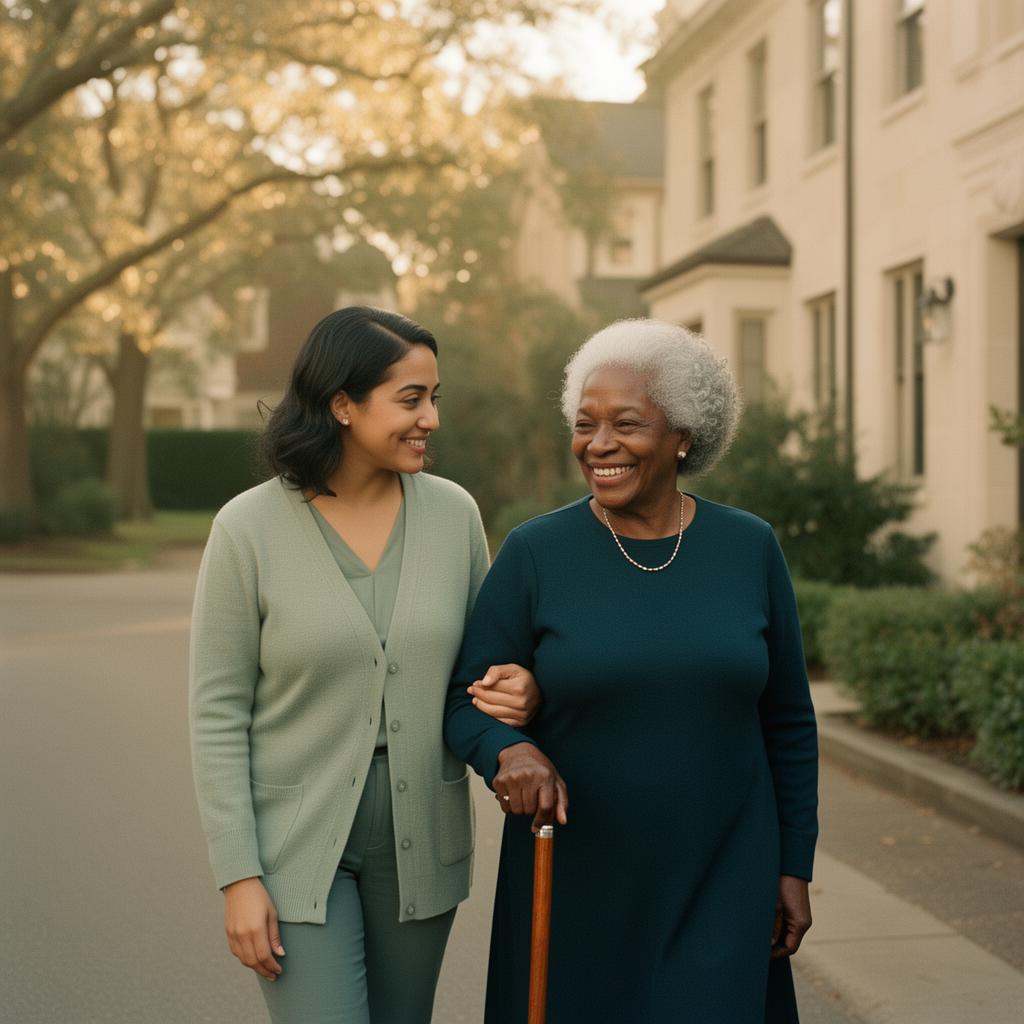 A caregiver walking alongside an elderly client on a quiet residential street