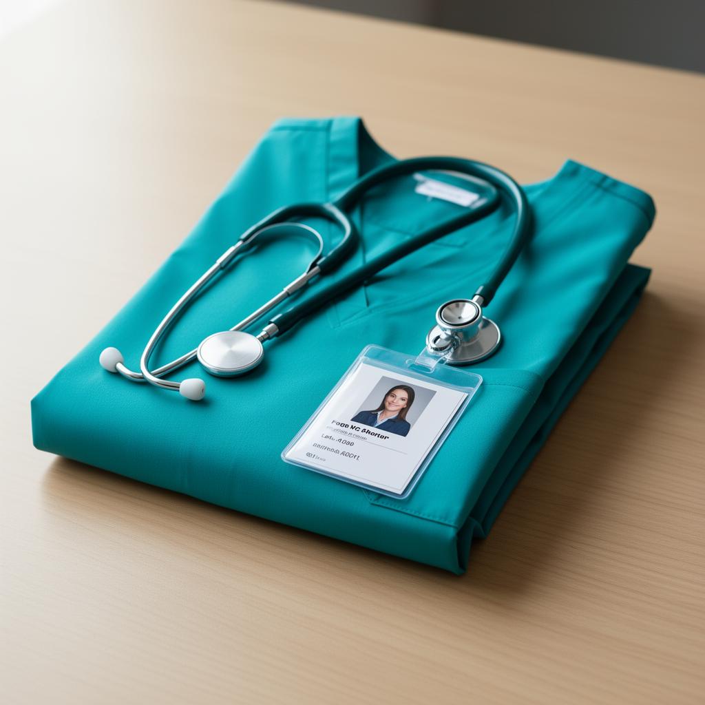 Folded teal healthcare scrubs with a stethoscope and professional ID badge