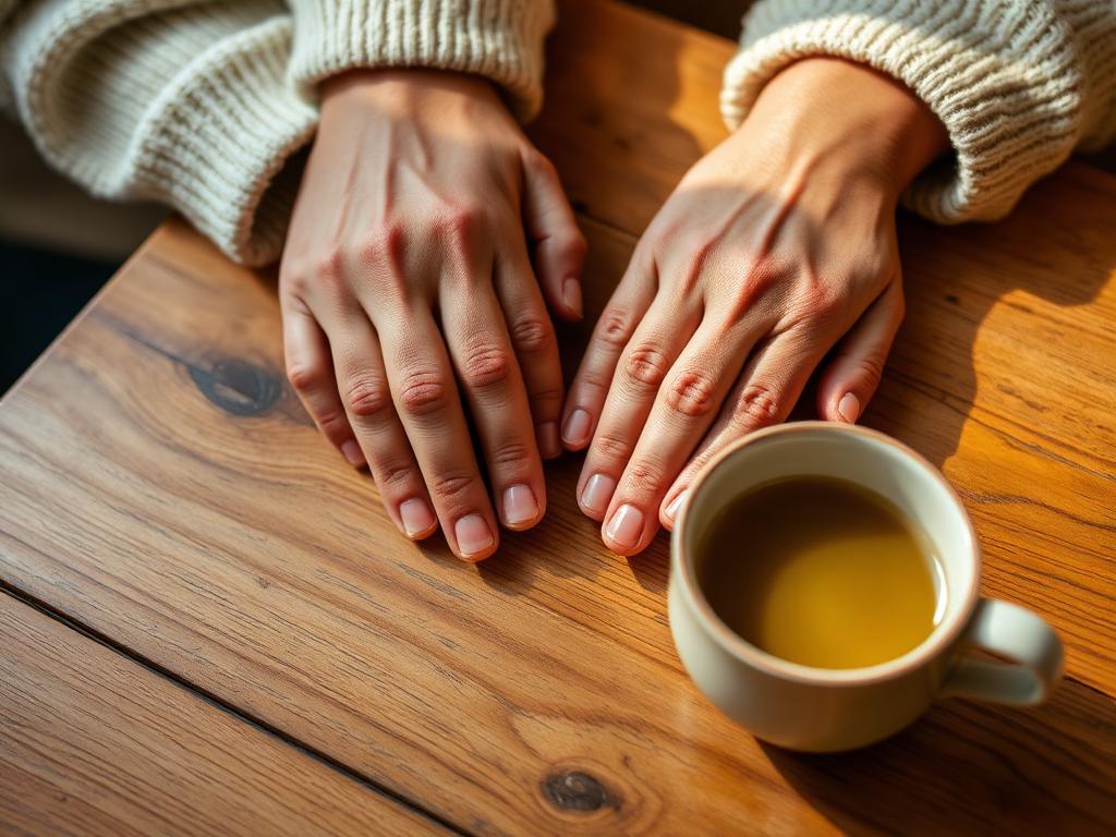 Two pairs of hands resting on a wooden table beside a warm cup of tea