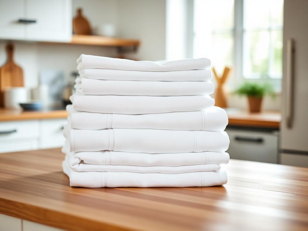 Neatly folded white linens in a clean, organized kitchen
