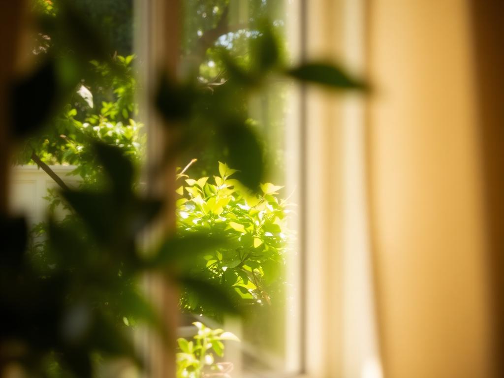 Peaceful blurred view of a sunlit garden through a window