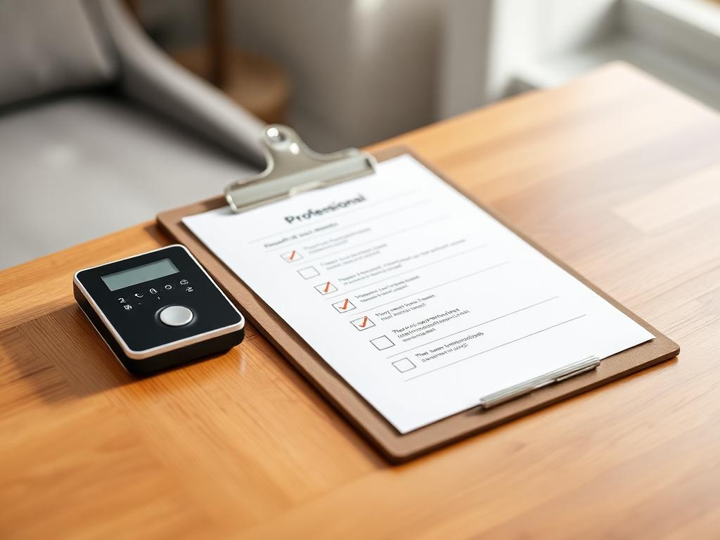 Professional clipboard and home safety keypad on a wooden table
